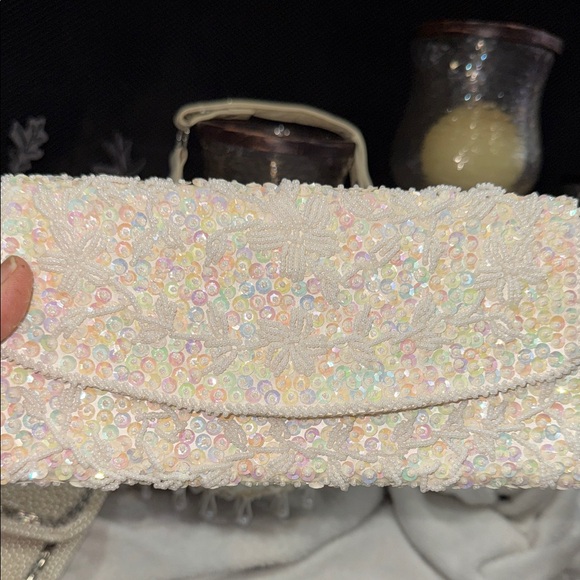 vintage 8 beaded elegant Cream kiss lock five clutch two /shoulder - Picture 8 of 10